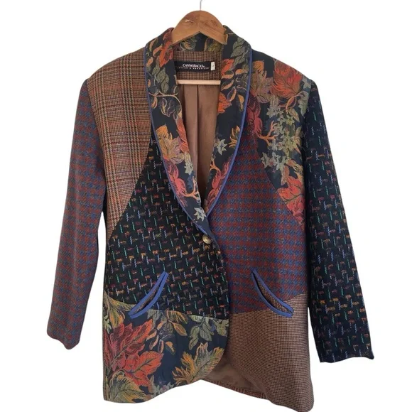 Patchwork Blazer Vintage Wool Mohair Blend Equestrian Artsy Size L